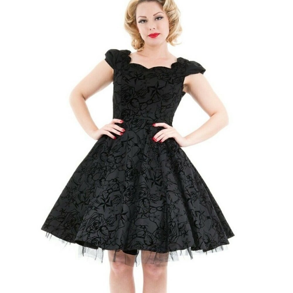 New Hearts & Roses Flocked Swing Dress Womens 10 Black Swallow Anchor Roses
